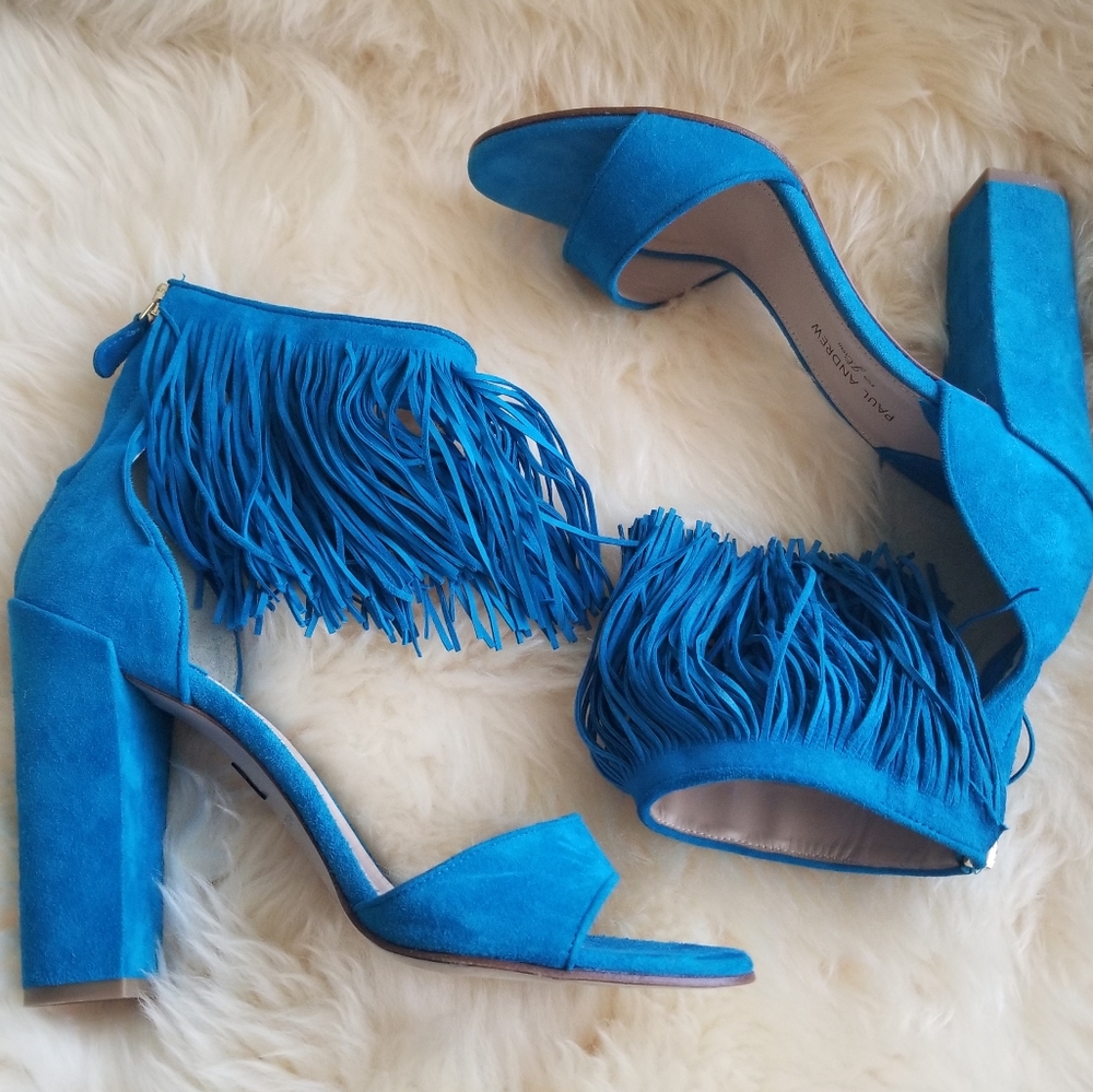 Paul Andrew for J. Crew Blue Suede Fringe Heel 8.5